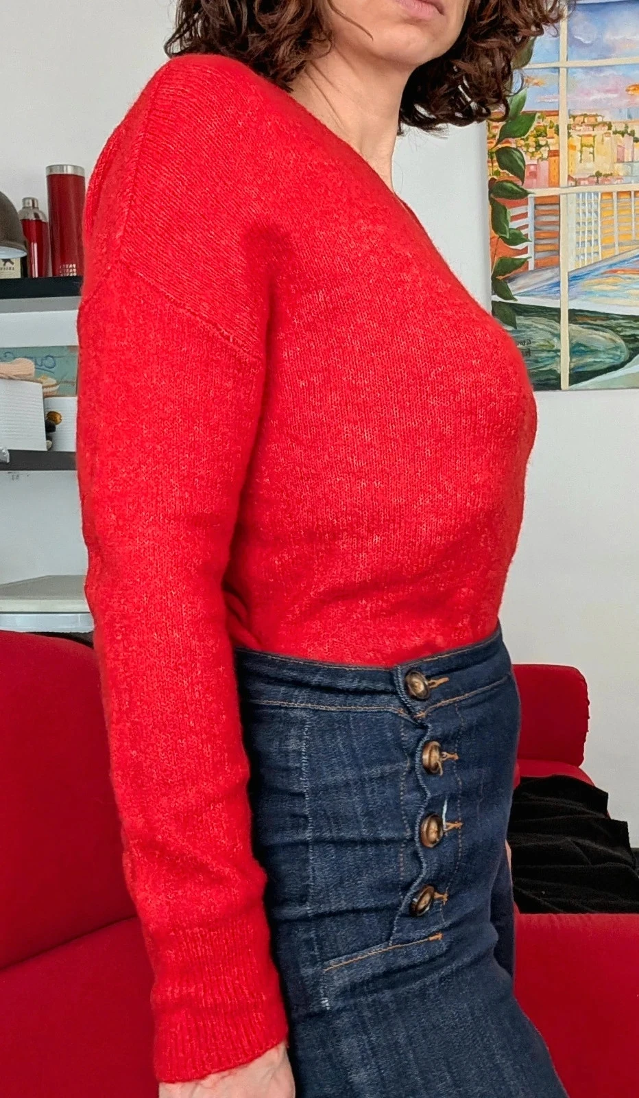 Pull femme col V rouge hiver casual 36 – photo 3